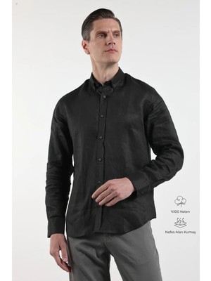 İmza Siyah Keten Düğmeli Yaka Uzun Kol Cepsiz Slim Fit %100 Keten Gömlek 1004260161