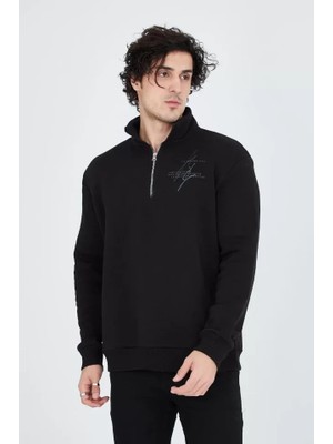 Modi Green Baskılı Erkek Günlük Stil Siyah Yarım Fermuarlı Sweatshirt