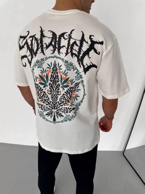 Modi Green Baskılı Unisex Günlük Stil Beyaz Geometrik Form Oversize Tişört