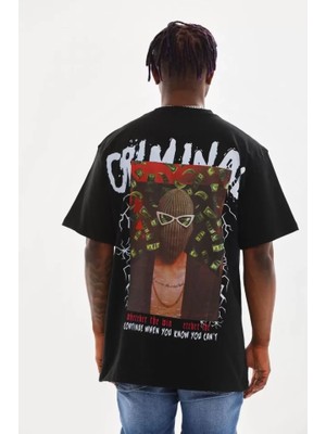 Modi Green Unisex Siyah Minimalist Dokulu Oversize Bisiklet Yaka Tişört
