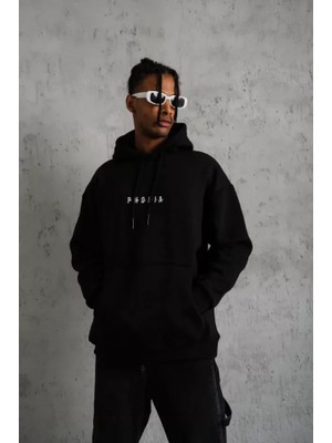Modi Green Astronot Illüstrasyon Baskılı Erkek Siyah Kapüşonlu Sweatshirt