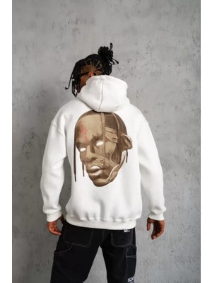 Modi Green Maske Illüstrasyon Baskılı Erkek Beyaz Kordonlu Hoodie