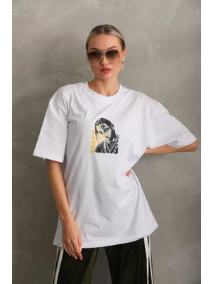 Modi Green Baskılı Unisex Günlük Stil Vintage Beyaz Pamuklu Oversize Tişört
