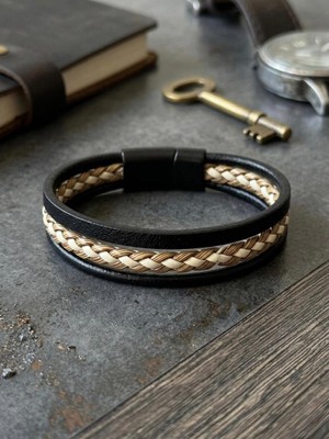 Generic Erkek Hakiki Deri & El Örgüsü Kombin Bileklik – Manyetik Kilitli Şık Tasarım