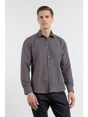 İmza Kahverengi - Beyaz Kendinden Desenli Sert Yaka Uzun Kol Cepsiz Slim Fit Pamuklu Gömlek 1004255218