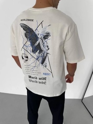 Modi Green Baskılı Unisex Günlük Stil Beyaz Vintage Poster Stil Oversize Tişört