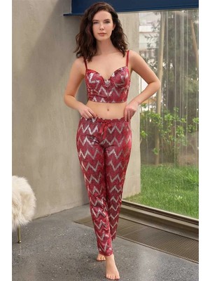 Brand Kadın Kadife Balenli Destekli Dolgulu Parlak Baskılı Fermuar Detaylı Büstiyer ve Pantolon Pijama Takım (4178)