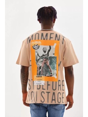 Modi Green Baskılı Unisex Retro Karakter Bej Pamuklu Oversize Tişört