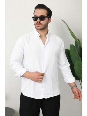 Comstar Erkek Trend Dokulu Kısa Kol Basic Beyaz Keten Gömlek
