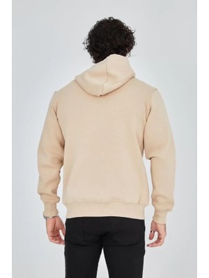 Modi Green Grafik Baskılı Erkek Sıcak Tutan Bej Fermuarlı Kapüşonlu Polar Hırka