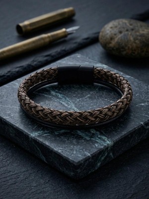 Generic Erkek Kahverengi El Örgüsü & Deri Kombin Bileklik - Manyetik Kilitli Modern Tasarım