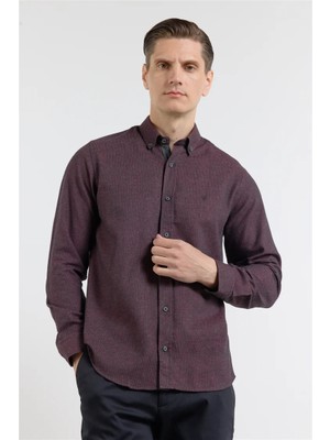 İmza Bordo - Siyah Düğmeli Yaka Uzun Kol Cepsiz Slim Fit Pamuklu Gömlek 1004255233