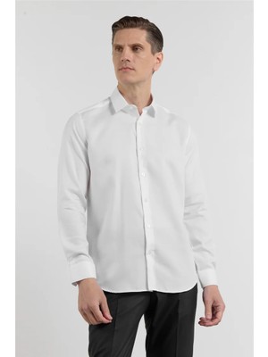 İmza Beyaz Uzun Kol Sert Yaka Kendinden Desenli %100 Pamuk Slim Fit Gömlek 1004255202