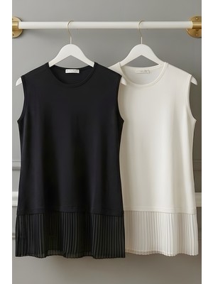 İmaj Butik Siyah Beyaz 2'li Paket Siyah Beyaz Sıfır Kol Pilise Penye Içlik Tunik