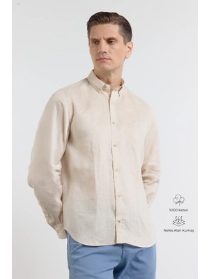 İmza Bej Keten Düğmeli Yaka Uzun Kol Slim Fit %100 Keten Gömlek 1004260161