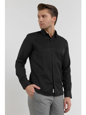 İmza Siyah Kendinden Desenli Sert Yaka Uzun Kol Cepsiz Slim Fit Pamuklu Gömlek 1004255283
