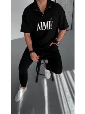 Modi Green Unisex Günlük Stil Yarım Fermuar Detaylı Siyah Dik Yaka Pamuklu Tişört