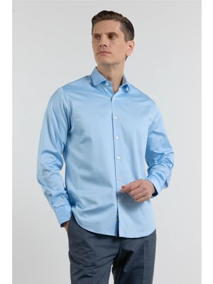 İmza Mavi Yarım Italyan Yaka Saten Uzun Kol Premium Slim Fit %100 Pamuk Gömlek 1004255195