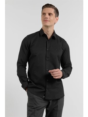 İmza Siyah Sert Yaka Uzun Kol Cepsiz Slim Fit Pamuklu Gömlek 1004255284