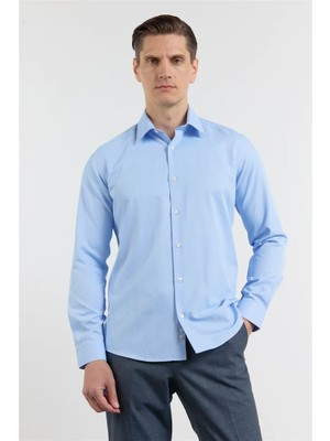 İmza Açık Mavi Sert Yaka Uzun Kol Cepsiz Slim Fit Pamuklu Gömlek 1004255913