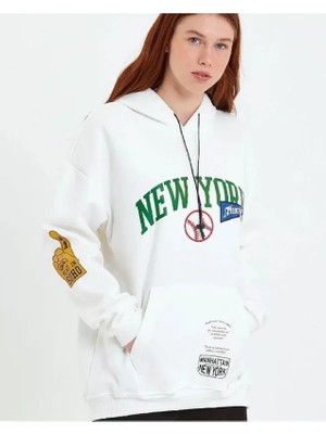 Modi Green Baskı Detaylı Erkek Günlük Stil Sırt Beyaz Kapüşonlu Sweatshirt