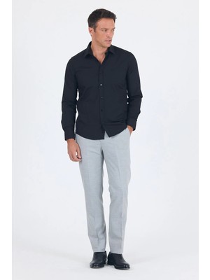 İmza Siyah Uzun Kol Sert Yaka Düz Pamuklu Slim Fit Gömlek 1004260057