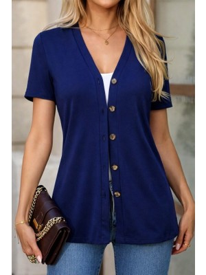 Modi Green Kadın Kısa Kollu V Yakalı Önü Düğmeli Viskon Bluz