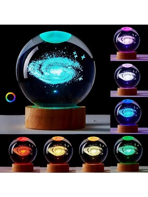 PremiumPort Kristal Cam Küre, Toz Bulutu, Galaksi, Usb, Ahşap Taban, Led, Dekor, Hediye
