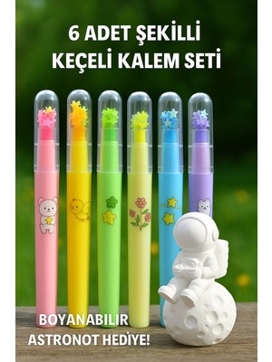 Wesank 6 Adet Şekilli Keçeli Kalem Seti + Boyanabilir Astronot Hediyeli