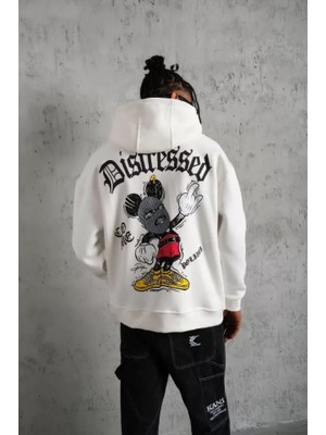 Modi Green Üç Iplik Şardonlu Erkek Sıcak Tutan Beyaz Grafik Baskılı Kapüşonlu Sweatshirt