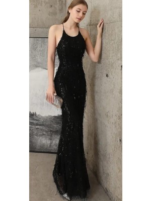 Hanife Glam Couture Hanife Glam Halter Yaka Saçaklı Abiye Elbise