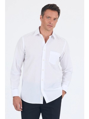 İmza Beyaz Klasik Yaka Uzun Kol Cepli Comfort Fit Basic Pamuklu Gömlek 1004255002