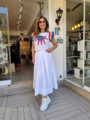 Arka Beli Lastikli Ön Kısmı Kemerli Beyaz Pamuk Uzun Etek