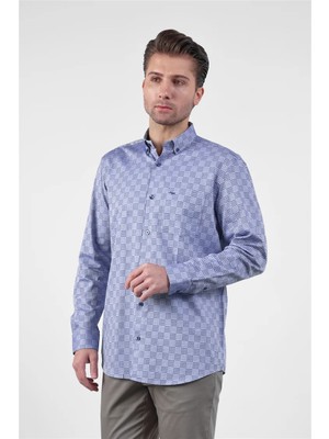 İmza Lacivert - Mavi Düğmeli Yaka Uzun Kol Cepli Comfort Fit %100 Pamuk Gömlek 1004260173