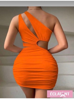 Kadın Turuncu Dekolteli Mini Elbise Halter Yaka Vücuda Oturan Yazlık  Gece Elbisesi