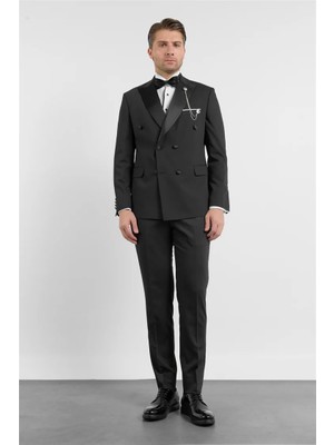 İmza Siyah Kılıç Yaka Düz Desen 6 Drop Slim Fit Esnek Takım Elbise 1001260203