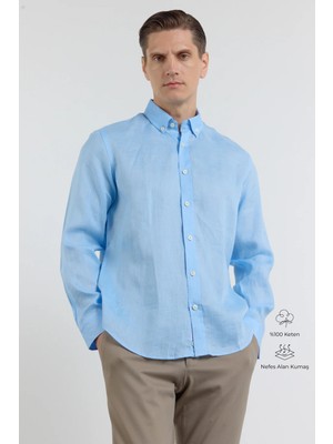 İmza Mavi Keten Düğmeli Yaka Uzun Kol Cepsiz Slim Fit %100 Keten Gömlek 1004260161
