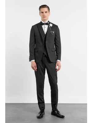 İmza Siyah Kılıç Yaka Düz Desen 6 Drop Slim Fit Esnek Yelekli Takım Elbise 1001260290