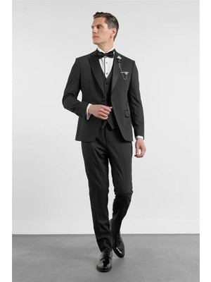 İmza Siyah Mono Yaka Düz Desen 6 Drop Slim Fit Esnek Damatlık Takım Elbise 1001260201
