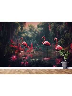 Lotus Aura 3D Flamingo Desenli Duvar Kağıdı, Tropikal Orman Manzaralı Duvar Posteri