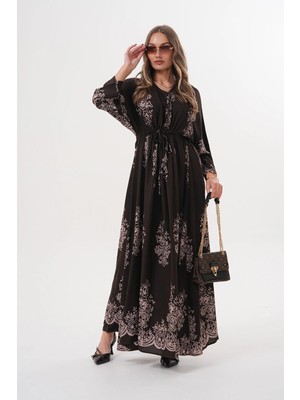 Navy Tam Boy Belden Kuşaklı Uzun Kollu Etnik Desenli Viskon Elbise