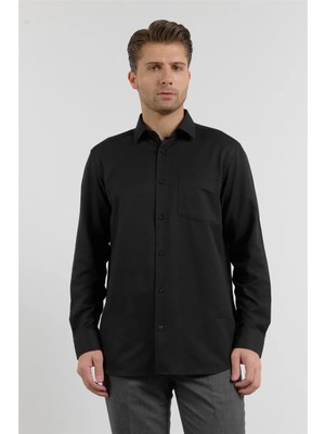 İmza Siyah Sert Yaka Uzun Kol Cepli Comfort Fit Pamuklu Gömlek 1004255285