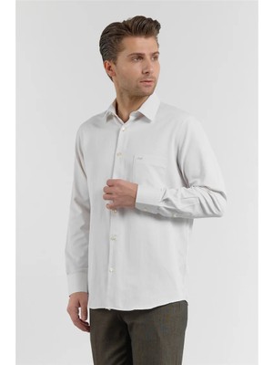 İmza Koyu Bej Çizgili Desen Sert Yaka Uzun Kol Cepli Comfort Fit Pamuklu Gömlek 1004255268