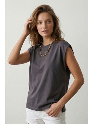 Elemge Premium %100 Pamuk Süprem Tok Kumaş Kadın Oversize Antrasit T-Shirt Geniş Omuzlu Dökümlü Kolsuz Bol Kalıp Basic Tişört