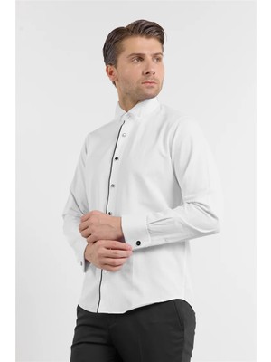 İmza Beyaz Uzun Kol Ata Yaka Düz Pamuklu Slim Fit Gömlek 1004260215