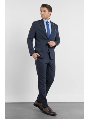 İmza Lacivert Kılıç Yaka Kendinden Desenli 6 Drop Slim Fit Esnek Takım Elbise 1001260158
