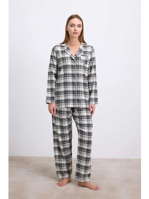 Brand Anıl Kadın Kareli Flanel Görünümlü Uzun Kollu Gömlek ve Pantolon Takımı (11594)