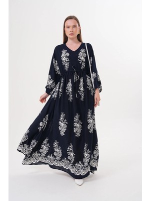 Navy Tam Boy Belden Kuşaklı Uzun Kollu Etnik Desenli Viskon Elbise