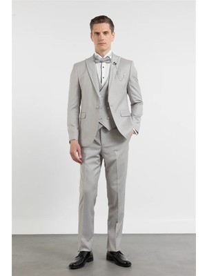 İmza Gri Kılıç Yaka Çift Yırtmaç Esnek 6 Drop Slim Fit Damatlık Takım Elbise 1001250205