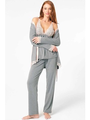 Brand Anıl 5803 Kalın Askılı V Yaka Viskon Düz Kışlık Örme Normal Bel Dantel Detaylı Pijama Takımı Sabahlık